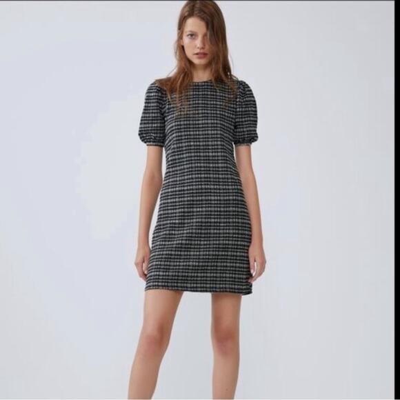 Zara Gray & Black Textured Puff Sleeve Dress Size M - Picture 1 of 10